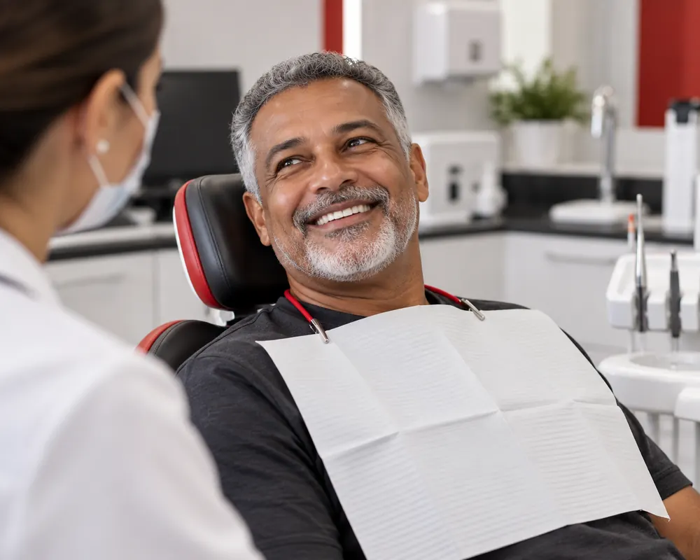 Paciente sorrindo na cadeira do consultório durante consulta com a dentista