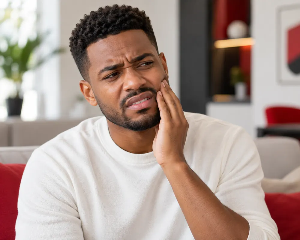 Homem com a mão no rosto sentindo dor de dente