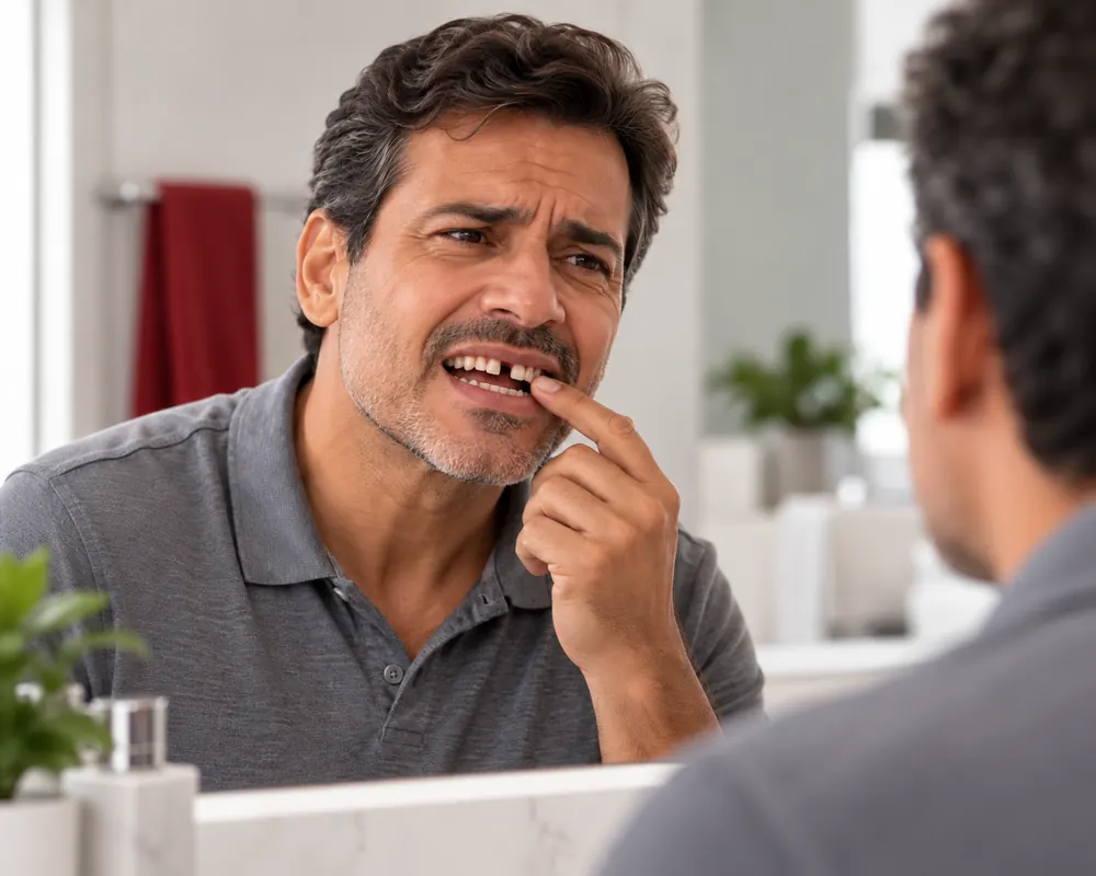 Homem observando no espelho o espaço de um dente perdido